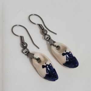 Vintage Delft Dutch White Blue Clog Pierced Earrings
